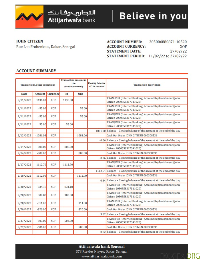 Sénégal Relevé Attijariwafa bank xls